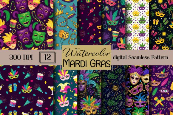 Watercolor Mardi Gras Seamless Pattern: A Vibrant Addition to Your Creative Projects